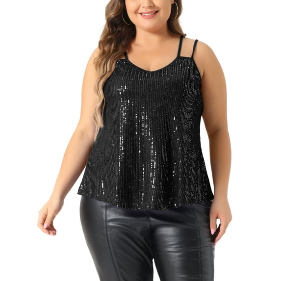 Agnes Orinda Women's Plus Size Sequin Tops Metallic Sparkle Sleeveless Spaghetti Strap Cami Party Tank Tops 1X Black