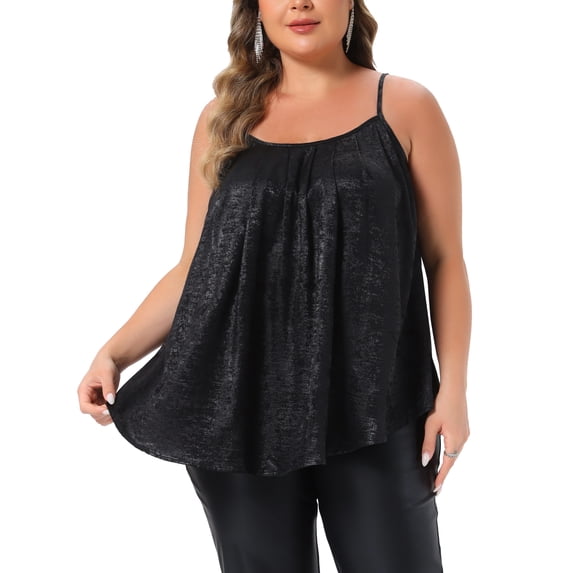 Agnes Orinda Women's Plus Size Sequin Tops Sparkly Spaghetti Strap Pleated Party Shirt Club Glitter Cami 3X Black