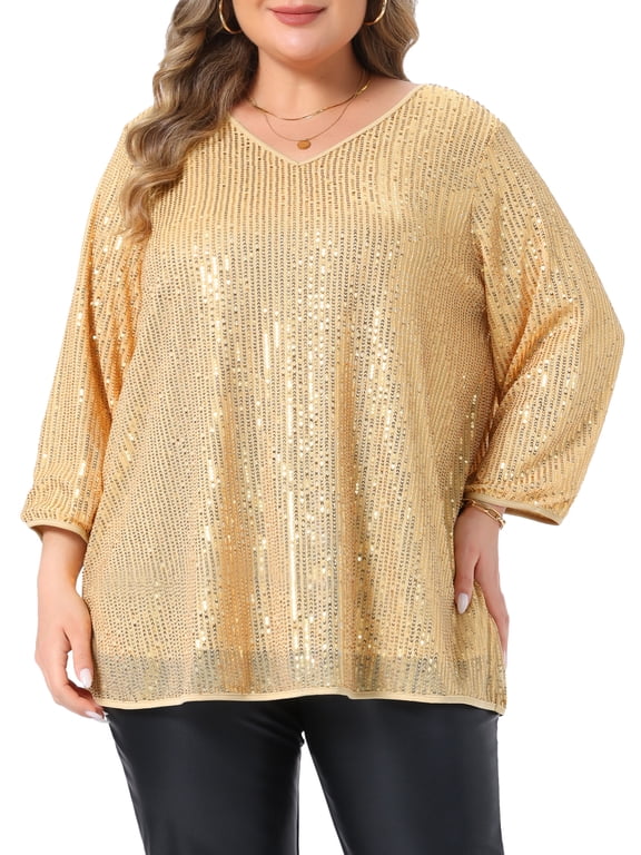 Women's Plus Size Halloween Outfits Sequin Tunic Top Glitter V Neck 3/4 Sleeve Party Wedding Evening Sparkly Blouse 1X Gold
