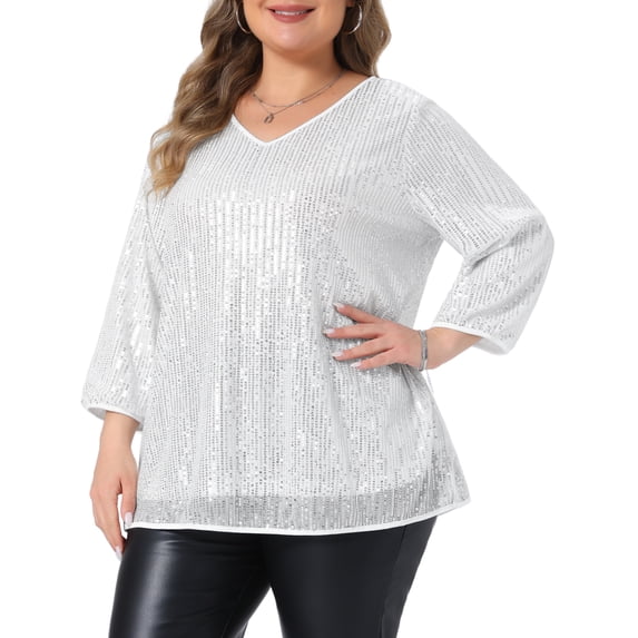 Agnes Orinda Women's Plus Size Halloween Outfits Sequin Tunic Top Glitter V Neck 3/4 Sleeve Party Wedding Evening Sparkly Blouse 4X Silver