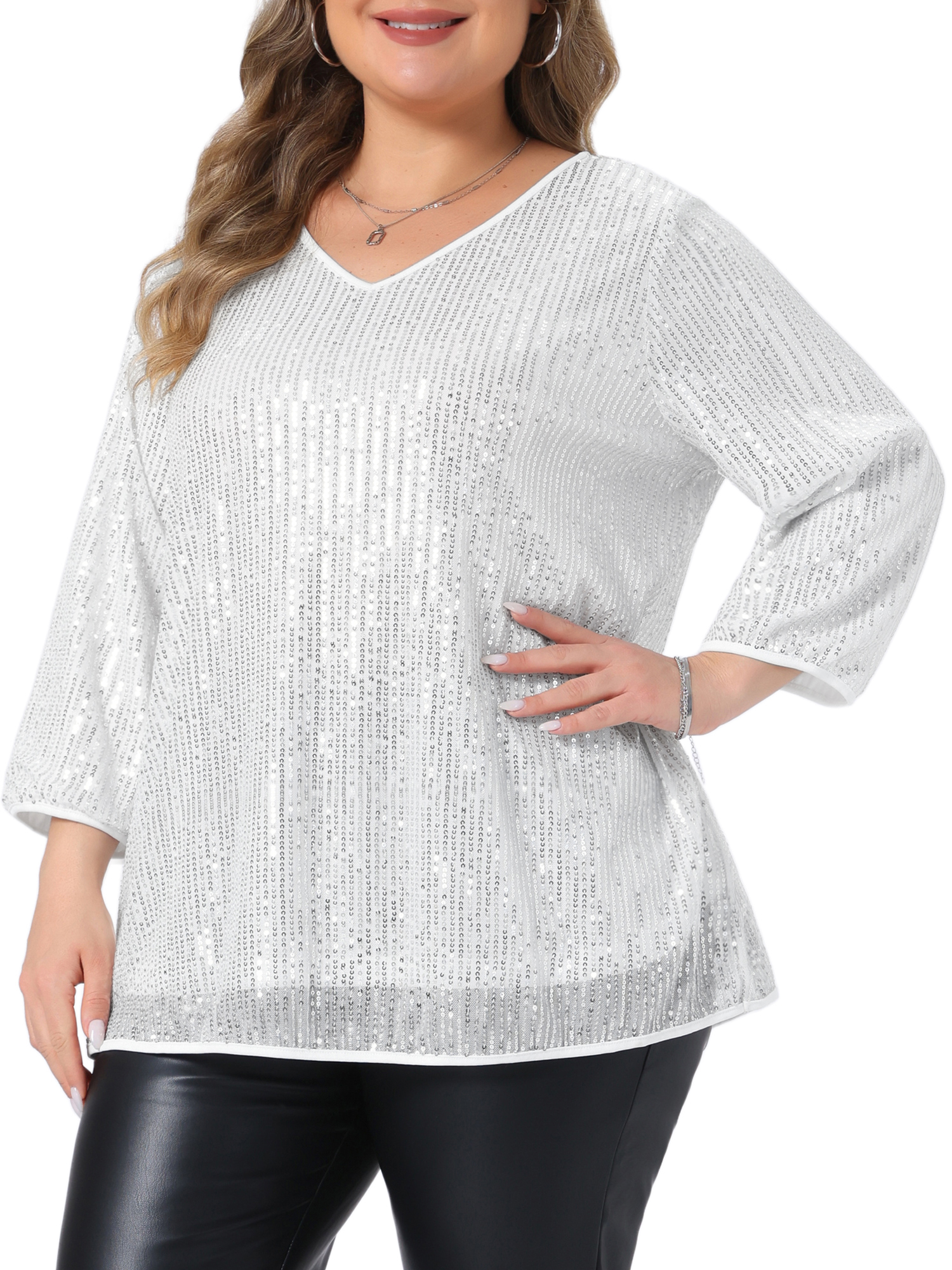 Agnes Orinda Women's Plus Size Halloween Outfits Sequin Tunic Top Glitter V Neck 3/4 Sleeve Party Wedding Evening Sparkly Blouse 4X Silver