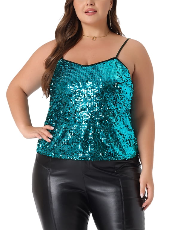 Women's Plus Size Sequined Shining Club Party Sparkle Camisole 2X Royal Blue