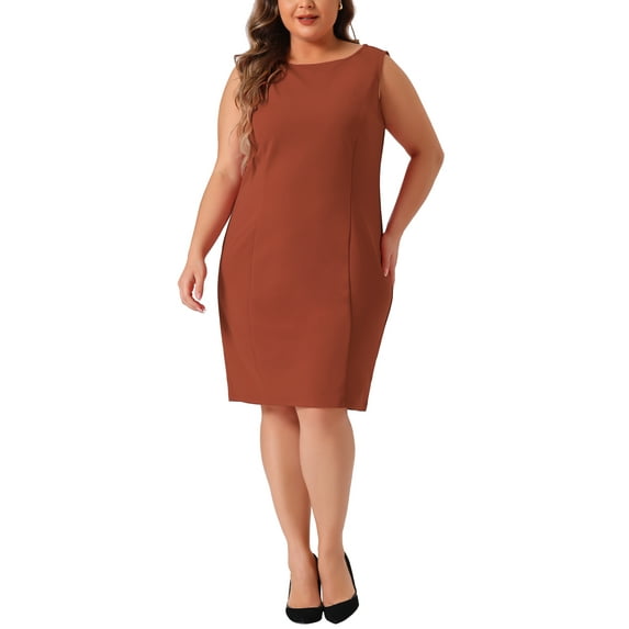 Agnes Orinda Women's Plus Size Sheath Dress Sleeveless Boat Neck Casual Straight Pencil Work Dresses 1X Brown