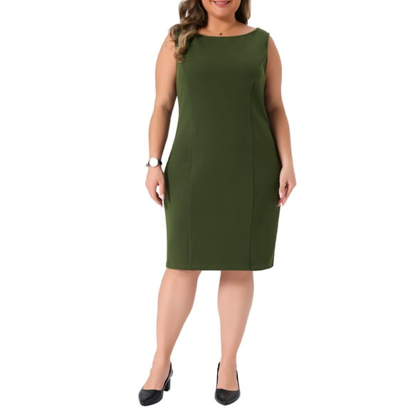 Agnes Orinda Women's Plus Size Sheath Dress Sleeveless Boat Neck Casual Straight Pencil Work Dresses 2X Army Green