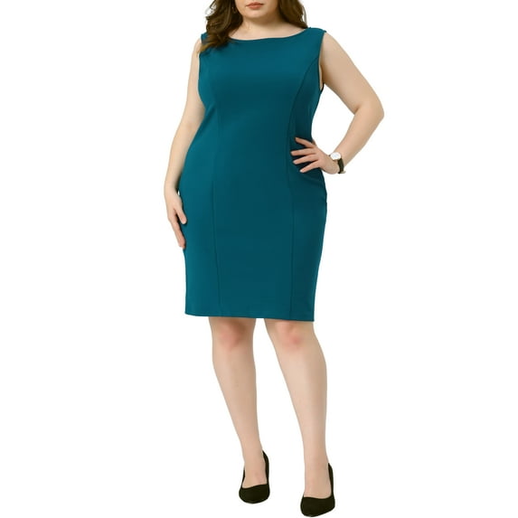 Agnes Orinda Women's Plus Size Sheath Dress Sleeveless Boat Neck Casual Straight Pencil Work Dresses 4X Lake Blue