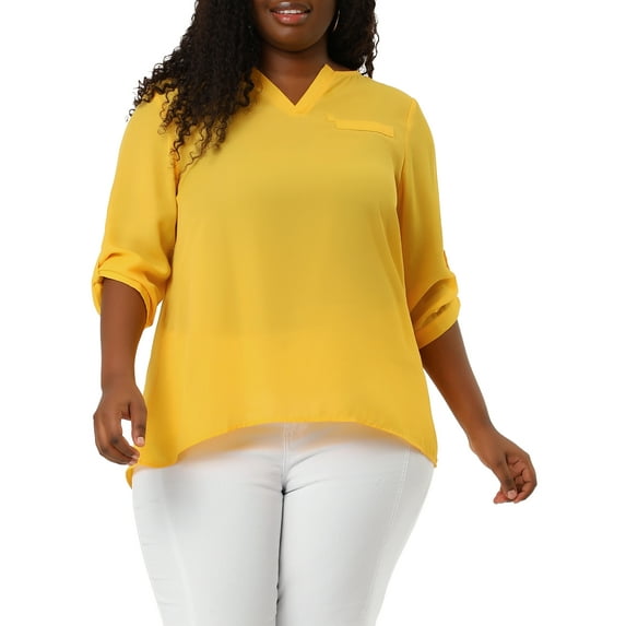 Agnes Orinda Women's Plus Size Sheer 3/4 Sleeve Flowy Split V Neck Blouse