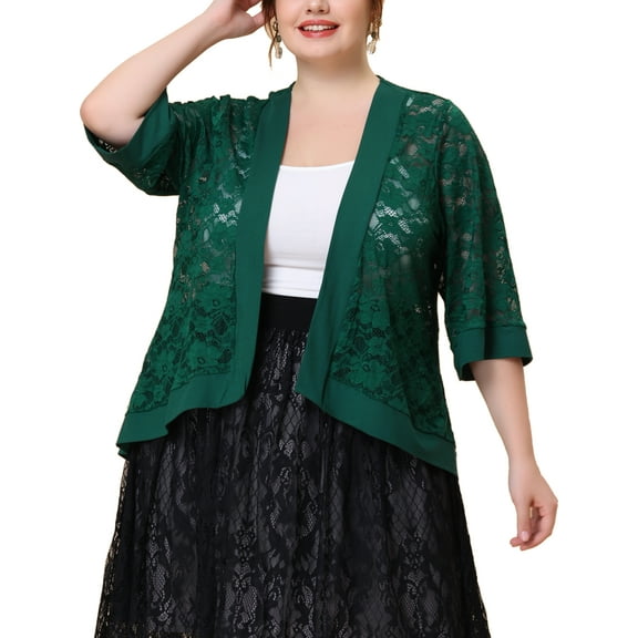 Agnes Orinda Women's Plus Size Sheer Cardigan Lace Crochet 3/4 Sleeves Lightweight Summer Casual Cover Up 2X Green