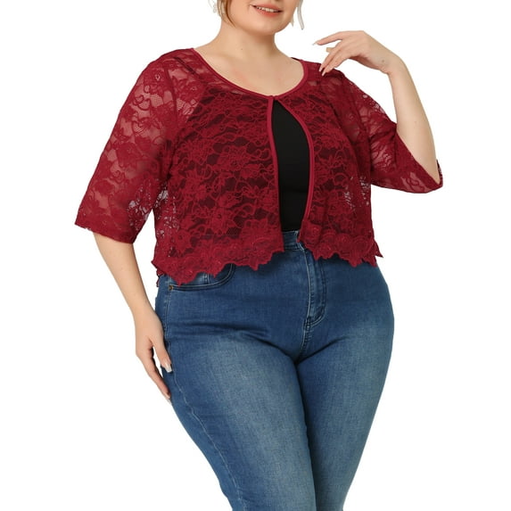 Agnes Orinda Women's Plus Size Sheer Floral Lace Open Front Shrug Elegant Cardigans 1X Burgundy