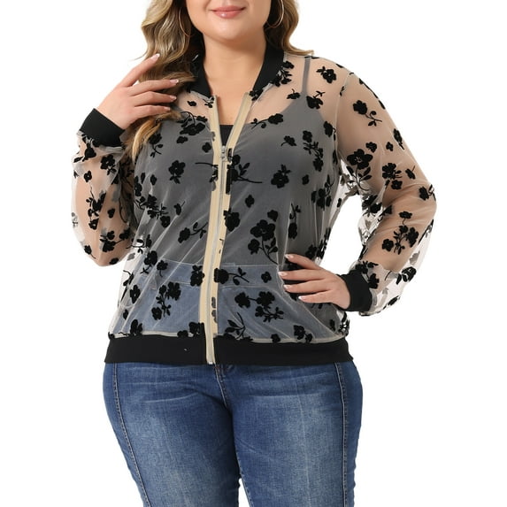 Agnes Orinda Women's Plus Size Sheer Jackets Long Sleeve Floral Lace Bomber Jacket 2X Apricot