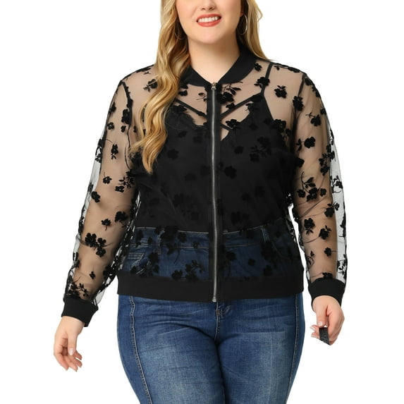 Agnes Orinda Women's Plus Size Sheer Jackets Long Sleeve Floral Lace Bomber Jacket 4X Black