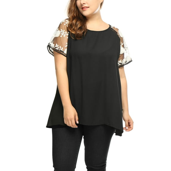 Agnes Orinda Women's Plus Size Sheer Mesh Panel Crochet Raglan Short Sleeves Blouse 1X Black