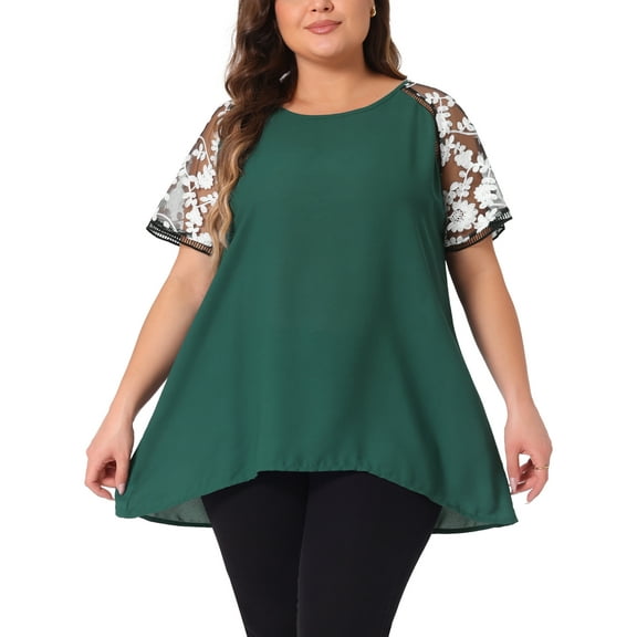 Agnes Orinda Women's Plus Size Sheer Mesh Panel Crochet Raglan Short Sleeves Blouse 3X Dark Green