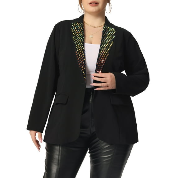 Agnes Orinda Women's Plus Size Shiny Sequin Blazer Coat Button Lapel Party Blazers 4X Black