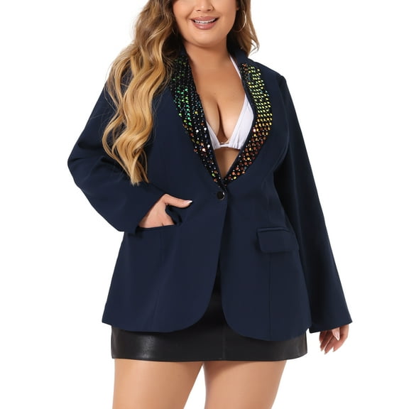 Agnes Orinda Women's Plus Size Shiny Sequin Blazer Coat Button Lapel Party Blazers 4X Navy Blue