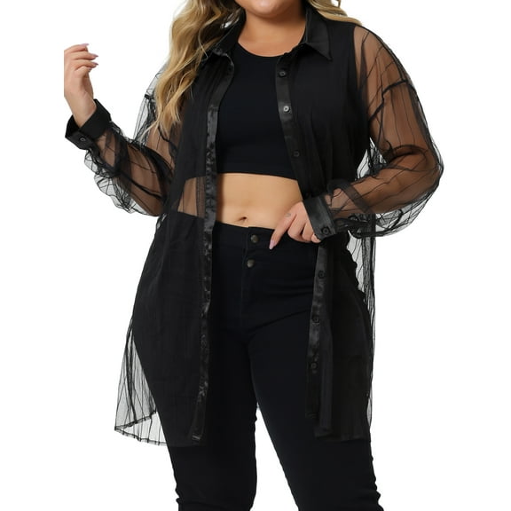 Agnes Orinda Women's Plus Size Shirt Mesh Sheer Long Sleeve Button Down See Through Tops Blouses 1X Black