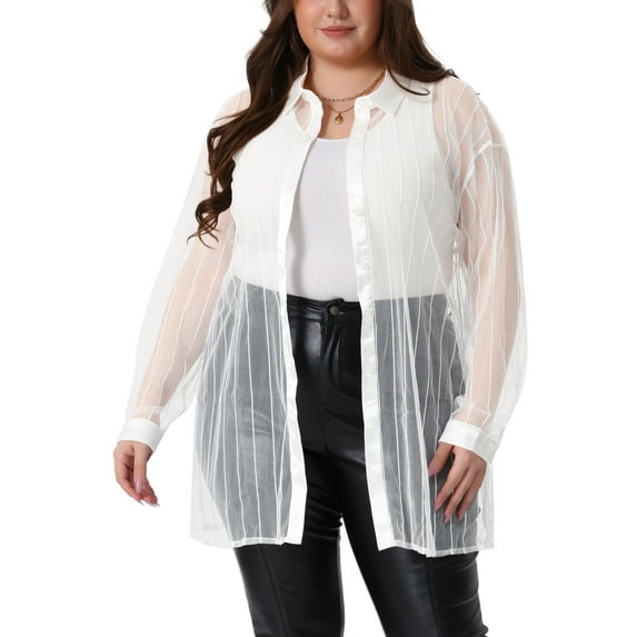 Agnes Orinda Women's Plus Size Shirt Mesh Sheer Long Sleeve Button Down See Through Tops Blouses 2X White