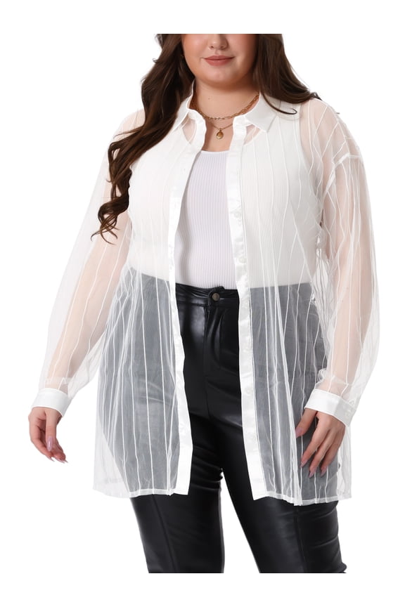Women's Plus Size Shirt Mesh Sheer Long Sleeve Button Down See Through Tops Blouses 4X White