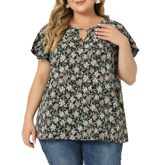 GRACE & GRANDEUR Women's Plus Size Keyhole Neck Short Sleeves Floral Chiffon Shirt Blouses 1X Black Green