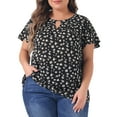 thumbnail image 1 of GRACE & GRANDEUR Women's Plus Size Keyhole Neck Short Sleeves Floral Chiffon Shirt Blouses 1X Black Pink, 1 of 6
