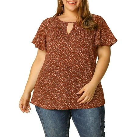 GRACE & GRANDEUR Women's Plus Size Keyhole Neck Flared Short Sleeves Floral Chiffon Shirt Blouses 1X Burgundy