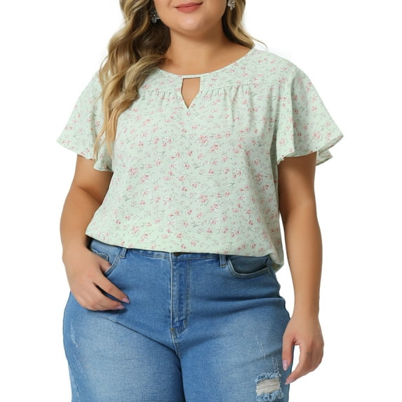 GRACE & GRANDEUR Women's Plus Size Keyhole Neck Short Sleeves Floral Chiffon Shirt Blouses 2X Light Green
