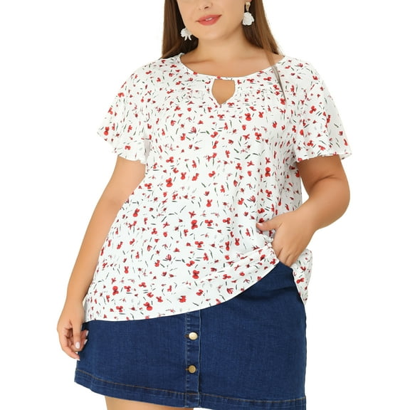GRACE & GRANDEUR Women's Plus Size Keyhole Neck Short Sleeves Floral Chiffon Shirt Blouses 2X White Red