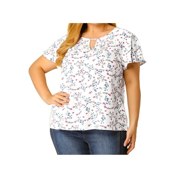 GRACE & GRANDEUR Women's Plus Size Keyhole Neck Short Sleeves Floral Chiffon Shirt Blouses 2X White