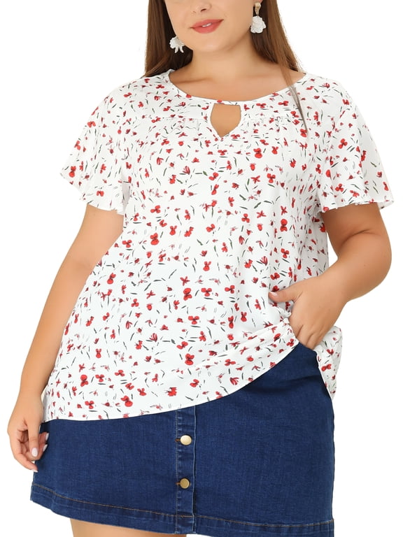 Women's Plus Size Keyhole Neck Flared Short Sleeves Floral Chiffon Shirt Blouses 3X White Red