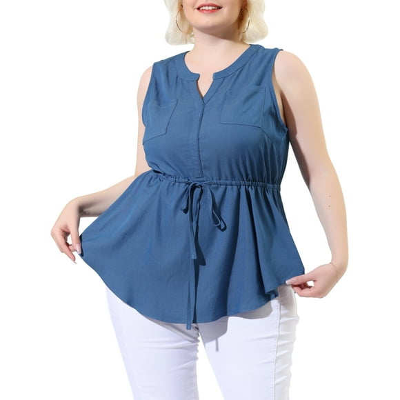 Agnes Orinda Women's Plus Size Shirts Denim V Neck Drawstring Waist Sleeveless Chambray Tops