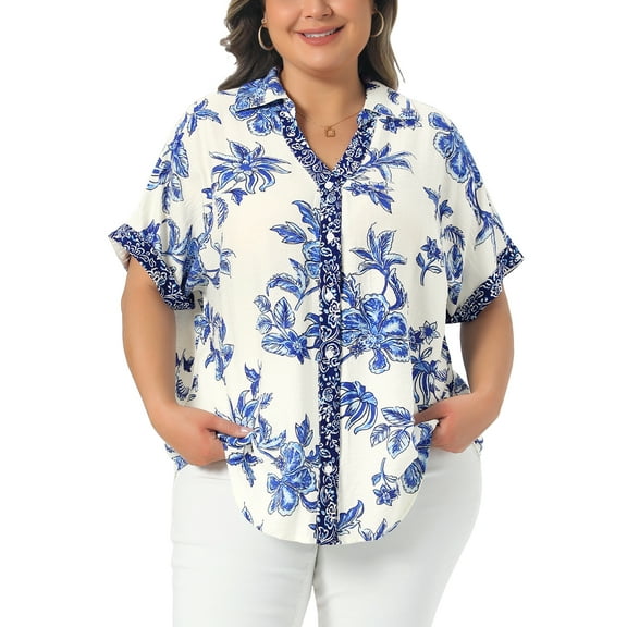 Agnes Orinda Women's Plus Size Shirts Floral Print Button Collared V Neck Roll Short Sleeve Elegant Tops 2X Blue