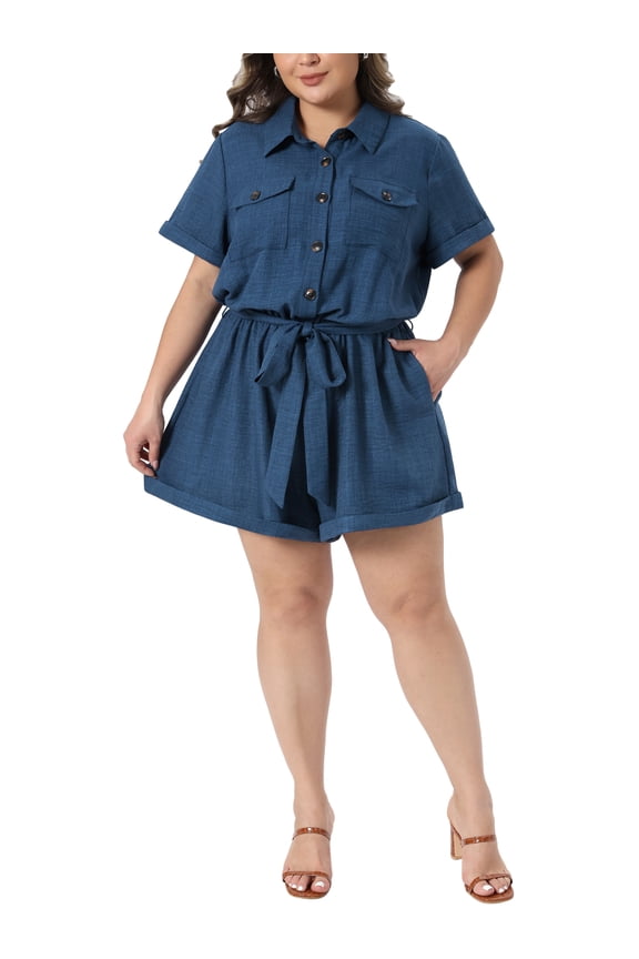 Women's Plus Size Short Jumpsuits Button Down Roll Sleeve Belted 1 Piece Rompers with Pockets 1X Dark Blue