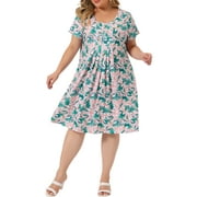 Agnes Orinda Women's Plus Size Short Sleeve Comfortable Babydoll Pleat Floral Midi Dress