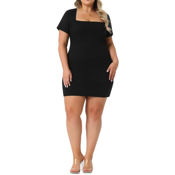 Agnes Orinda Women's Plus Size Wrap Dresses Square Neck Short Sleeve Casual Sundress Midi Dress 1X Black