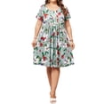 thumbnail image 1 of GRACE & GRANDEUR Women's Plus Size Crew Neck Short Sleeves Floral Pleated Summer Midi Dress 1X Green, 1 of 6