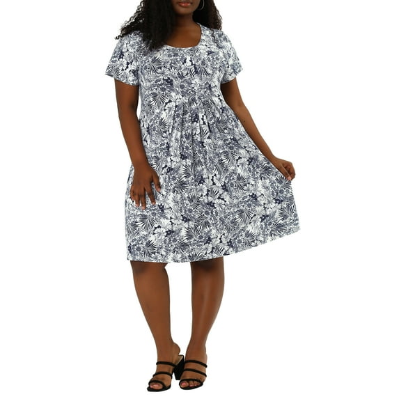 GRACE & GRANDEUR Women's Plus Size Crew Neck Short Sleeves Floral Pleated Summer Midi Dress 1X Navy Blue