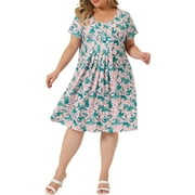GRACE & GRANDEUR Women's Plus Size Short Sleeve Round Neck Floral Pleat Spring Summer Midi Dress 2X Pink Green