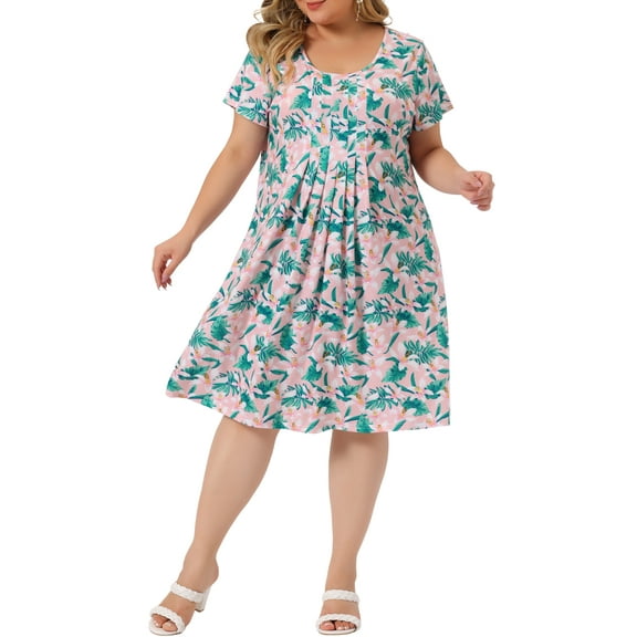 GRACE & GRANDEUR Women's Plus Size Crew Neck Short Sleeves Floral Pleated Summer Midi Dress 2X Pink Green