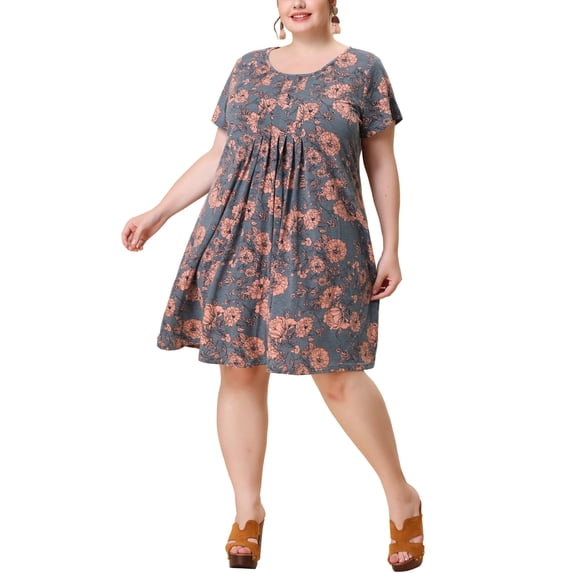 GRACE & GRANDEUR Women's Plus Size Mother's Day Round Neck Short Sleeves Floral Pleated Summer Midi Dress 2X Pink