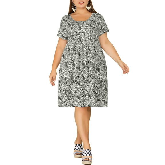 GRACE & GRANDEUR Women's Plus Size Crew Neck Short Sleeves Floral Pleated Summer Midi Dress 2X White
