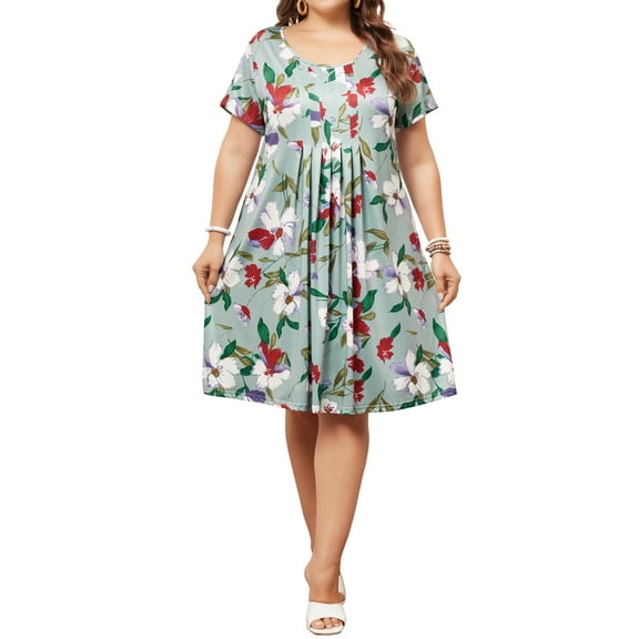 GRACE & GRANDEUR Women's Plus Size Crew Neck Short Sleeves Floral Pleated Summer Midi Dress 3X Green