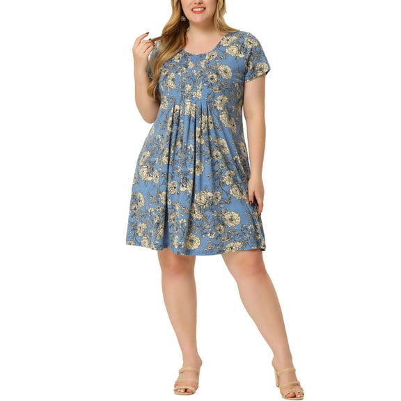 GRACE & GRANDEUR Women's Plus Size Round Neck Short Sleeves Floral Pleated Summer Midi Dress 4X Blue