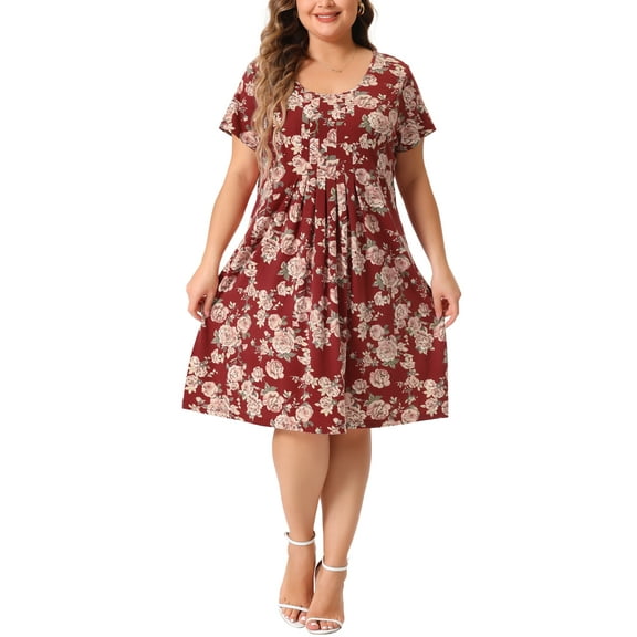 GRACE & GRANDEUR Women's Plus Size Crew Neck Short Sleeves Floral Pleated Summer Midi Dress 4X Burgundy