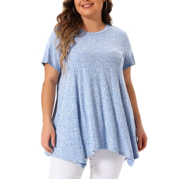 Agnes Orinda Plus Size Tunic Tops for Women Summer Crew Neck Flowy Swing Loose Short Sleeve Knit T Shirt Tops Blouse Casual 3X Blue