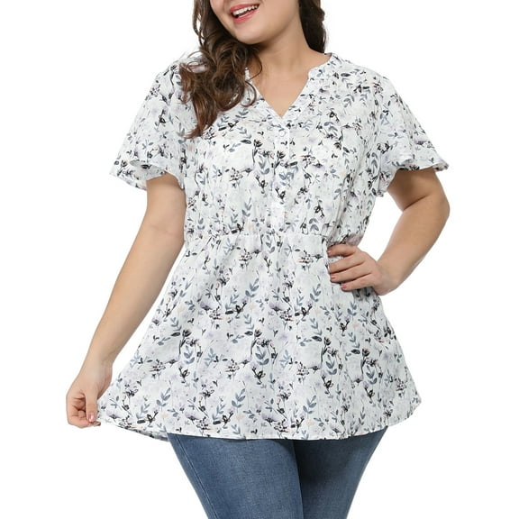 Agnes Orinda Women's Plus Size Tops Short Sleeve Smocked Waist V Neck Ditsy Floral Chiffon Summer Blouse 1X White