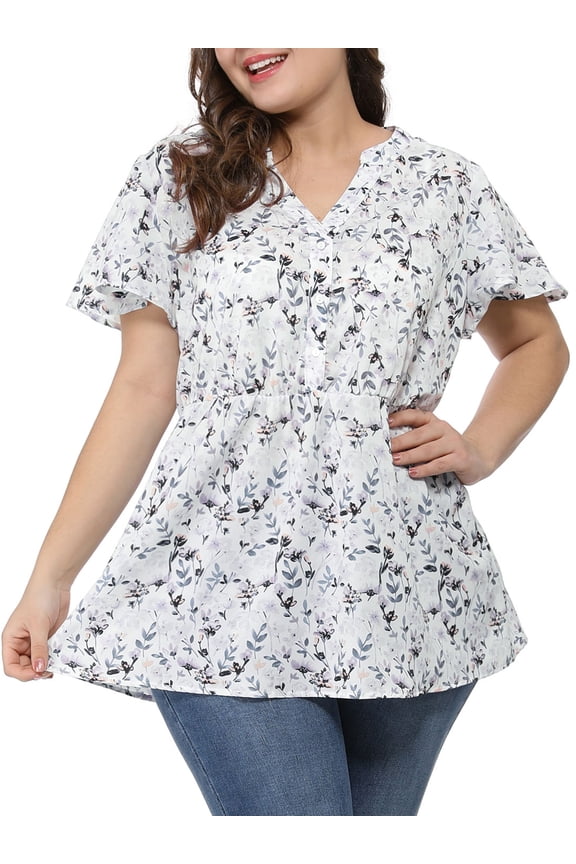 Women's Plus Size Easter Tops Short Sleeve Smocked Waist V Neck Ditsy Floral Chiffon Summer Blouse 2X White