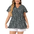 thumbnail image 1 of Agnes Orinda Women's Plus Size Tops Short Sleeve Smocked Waist V Neck Ditsy Floral Chiffon Summer Blouse 3X Black White, 1 of 6