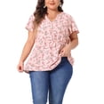 thumbnail image 1 of Agnes Orinda Women's Plus Size Tops Short Sleeve Smocked Waist V Neck Ditsy Floral Chiffon Summer Blouse 3X Pink, 1 of 5