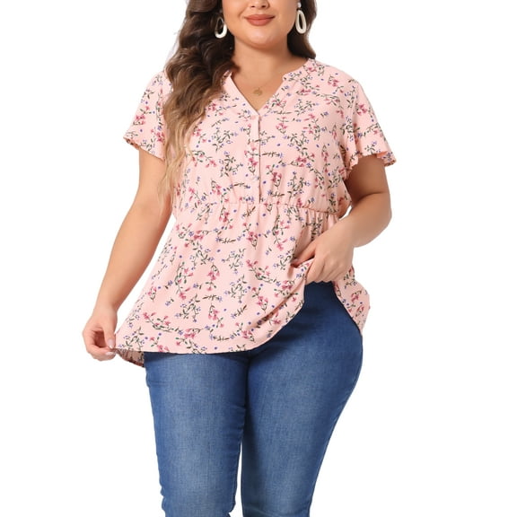 Agnes Orinda Women's Plus Size Tops Short Sleeve Smocked Waist V Neck Ditsy Floral Chiffon Summer Blouse 4X Pink