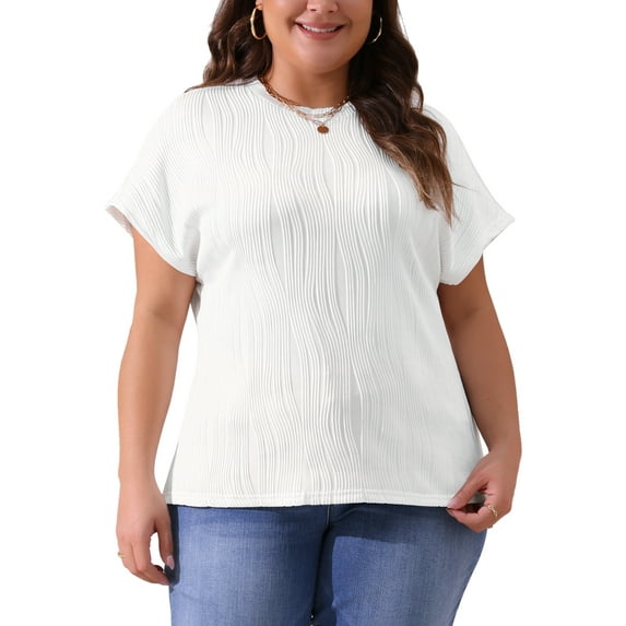 Agnes Orinda Women's Plus Size Tops Textured Crew Neck Short Sleeve Knit Solid Casual Blouses 1X White