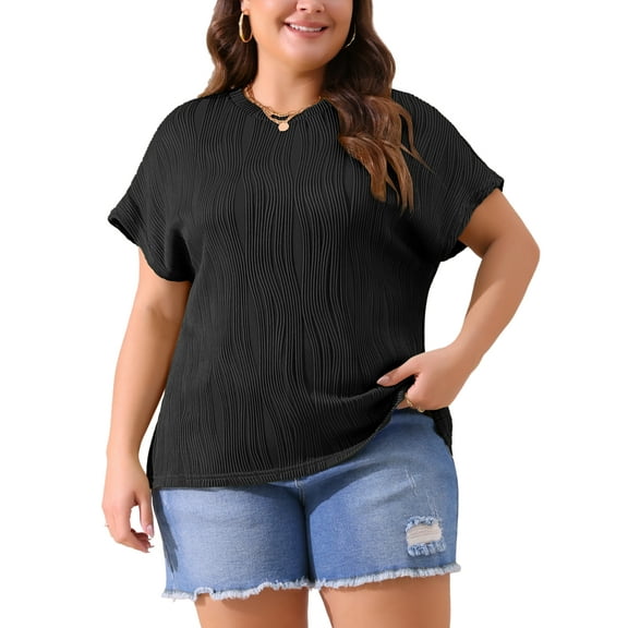 Agnes Orinda Women's Plus Size Tops Textured Crew Neck Short Sleeve Knit Solid Casual Blouses 3X Black